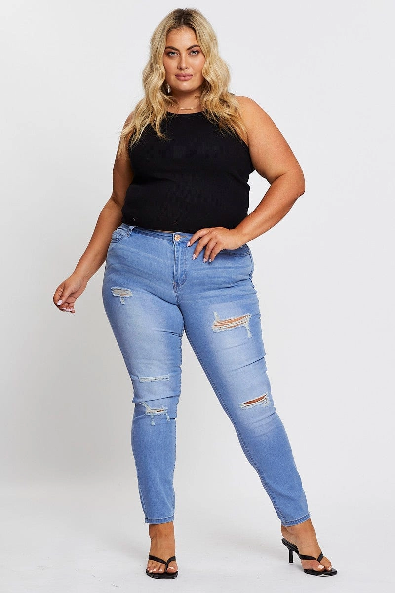Durable Build Blue Denim Jean Mid Rise Ripped Skinny