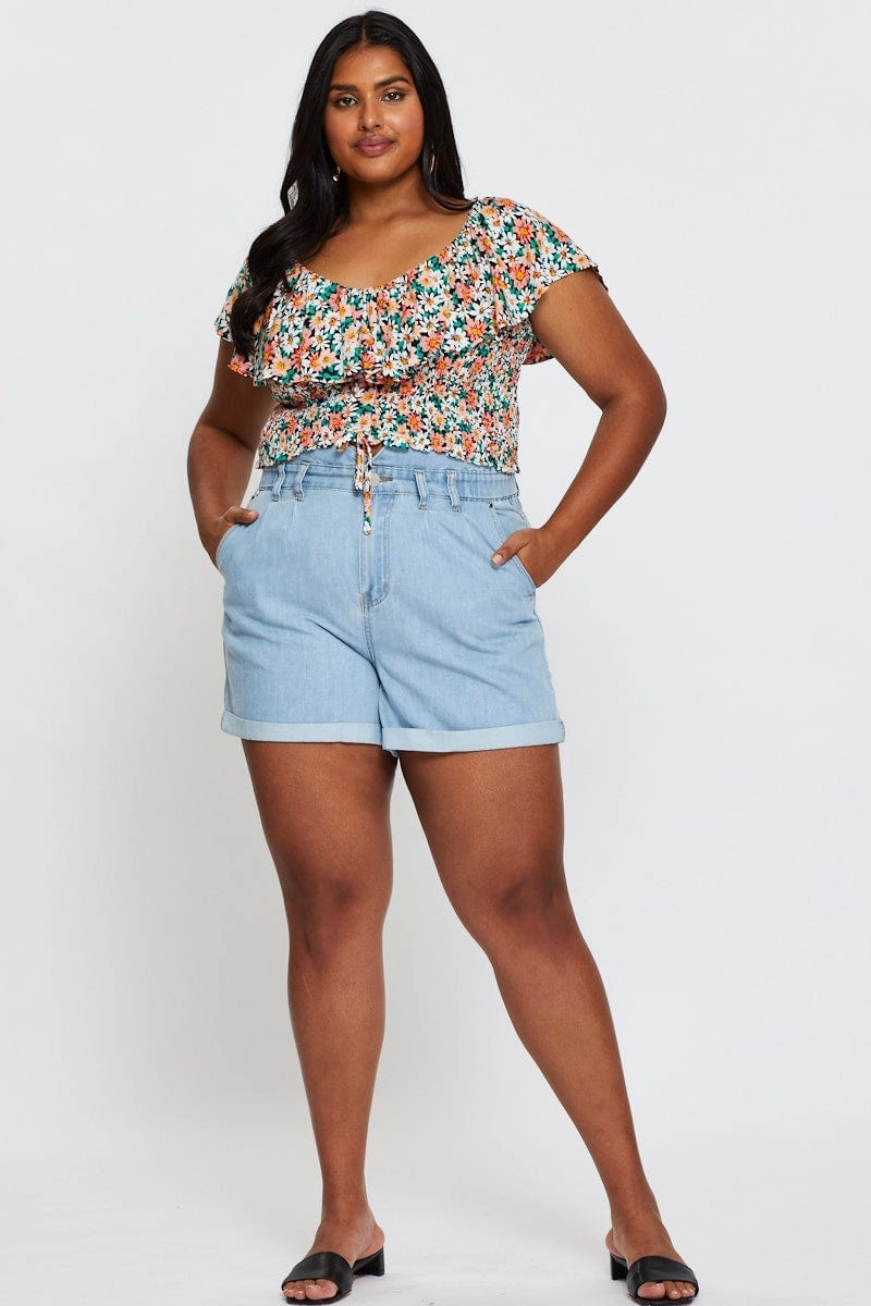 Blue Denim Shorts High Rise Relaxed Sleek Waist