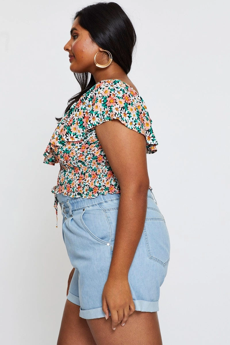 shrink-resistant Blue Denim Shorts High Rise Relaxed