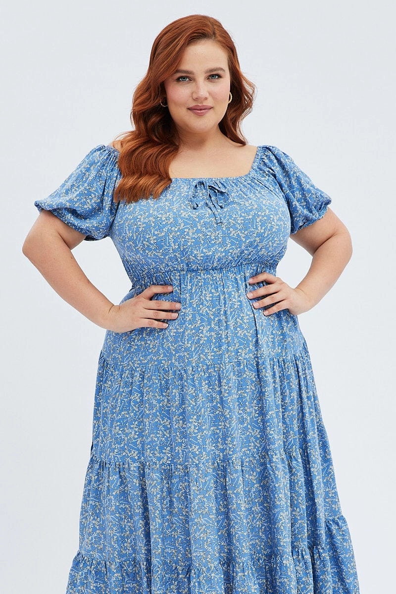 Blue Ditsy Midi Dress Off Shoulder Tie Front Layered Skirt One Piece Look