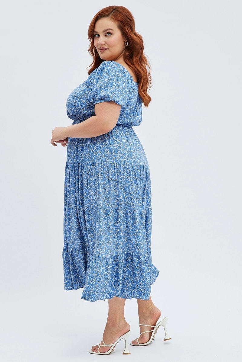 Blue Ditsy Midi Dress Off Shoulder Tie Front Layered Skirt Smooth-Lining Comfortable Waist