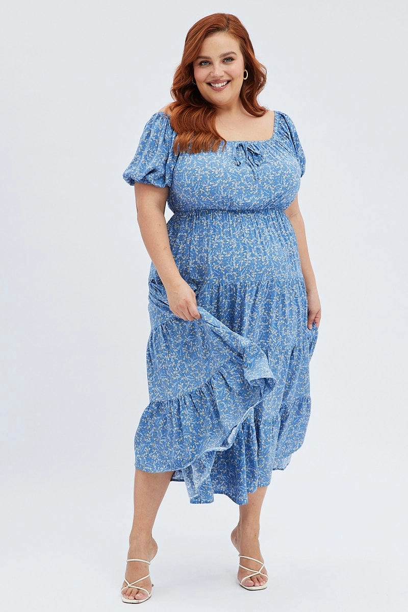 Soft cotton blend dress Blue Ditsy Midi Dress Off Shoulder Tie Front Layered Skirt