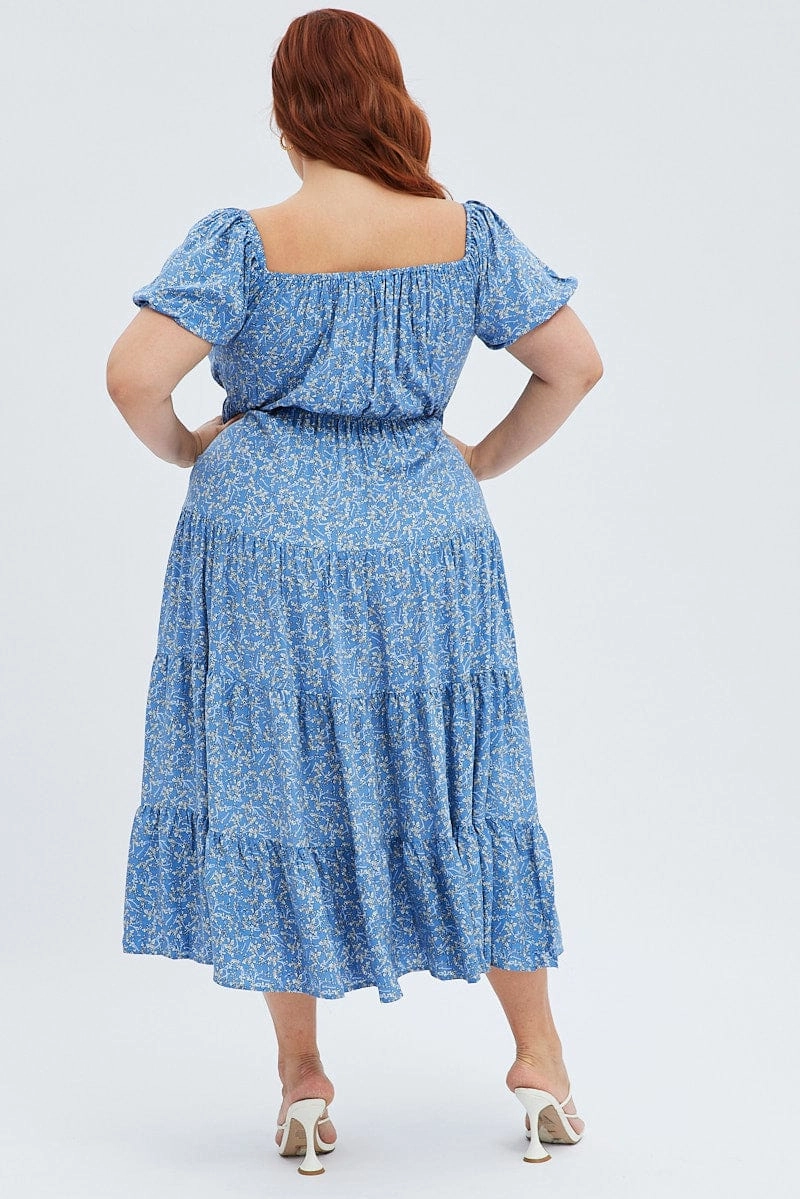 Smart and Polished Blue Ditsy Midi Dress Off Shoulder Tie Front Layered Skirt