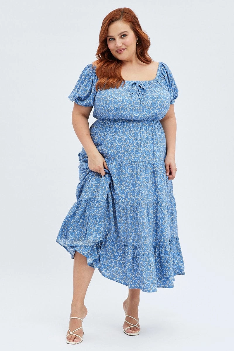 Smooth Lines Seasonal Layering Blue Ditsy Midi Dress Off Shoulder Tie Front Layered Skirt