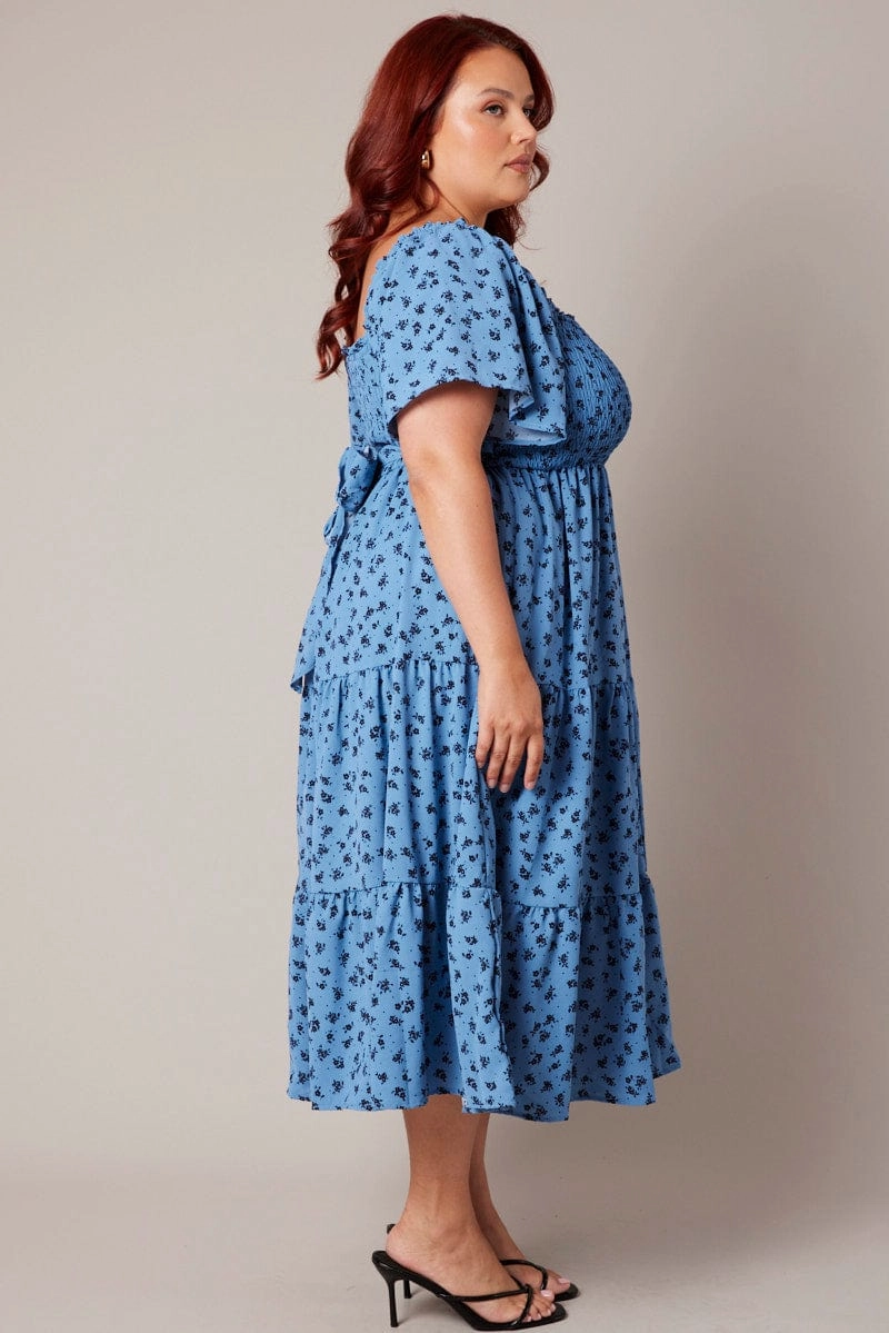 Lower Hem Modern Silhouette Blue Ditsy Midi Dress Short Sleeve Tiered Tie Back