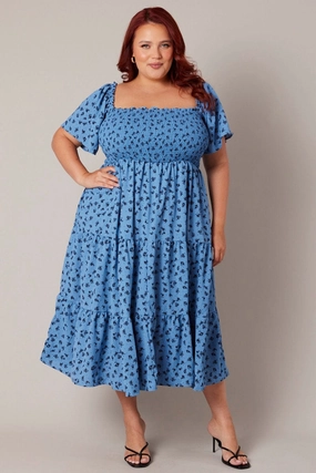 Gentle Fit LayeredHemline Blue Ditsy Midi Dress Short Sleeve Tiered Tie Back