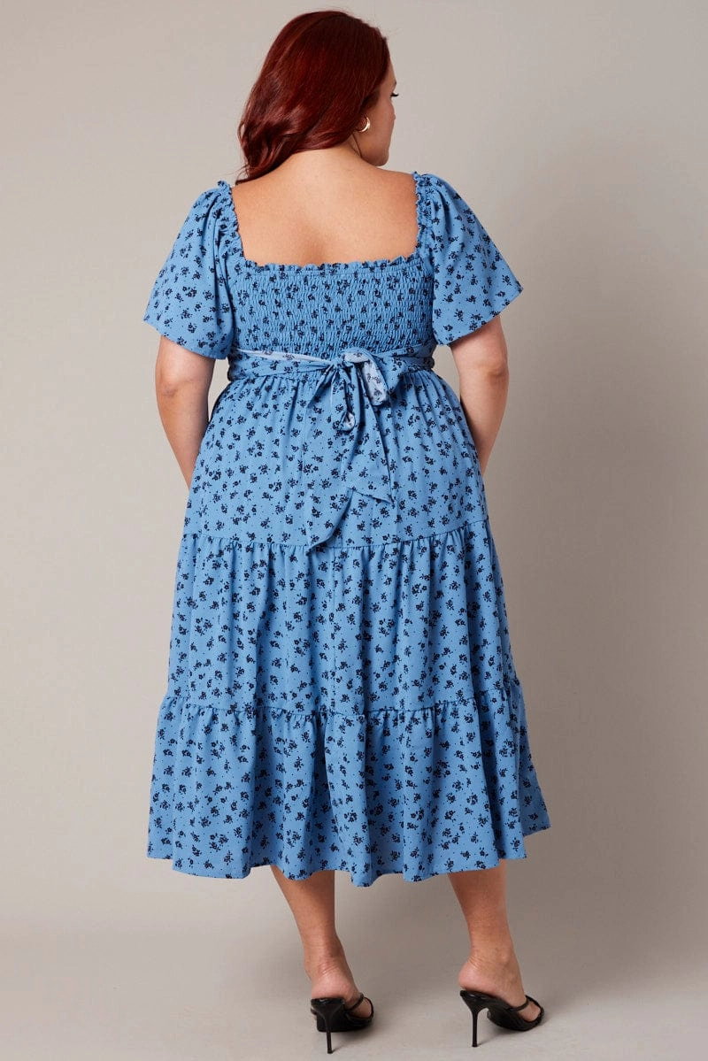 Blue Ditsy Midi Dress Short Sleeve Tiered Tie Back Air Comfort Skirt Flare