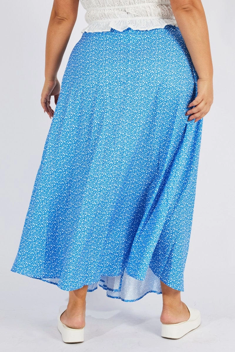 smooth zipper Mid Rise Blue Ditsy Wrap Maxiskirt