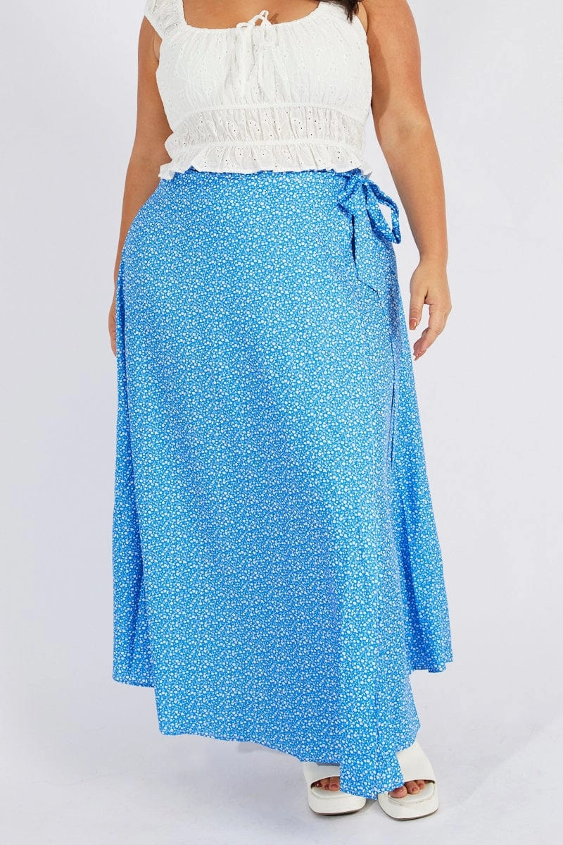 Future Fashion Easy Motion Blue Ditsy Wrap Maxiskirt