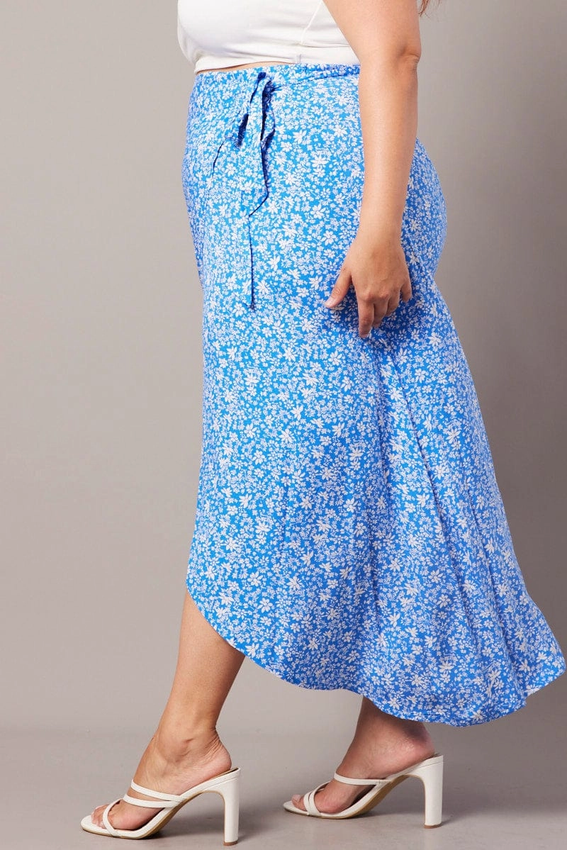 Stylish Finish Blue Ditsy Wrapover Maxi Skirt