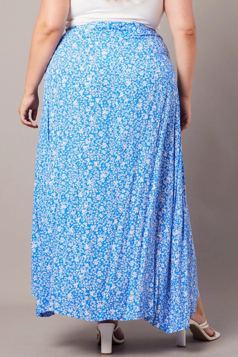 Luxury Trim Blue Ditsy Wrapover Maxi Skirt