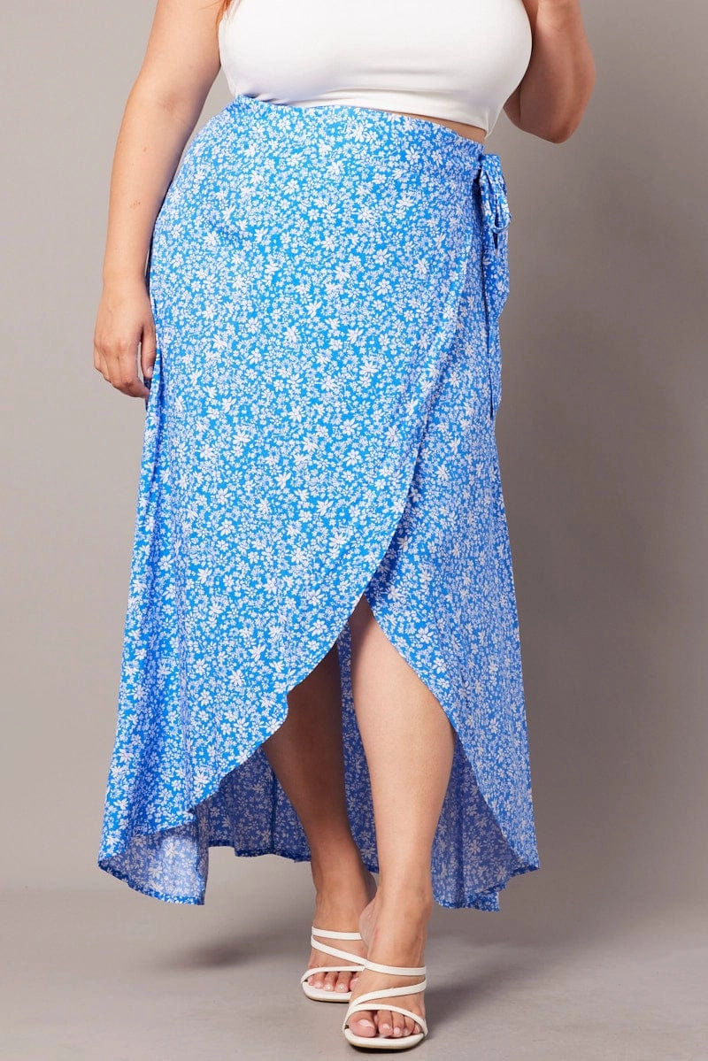 Blue Ditsy Wrapover Maxi Skirt Vibe Shot