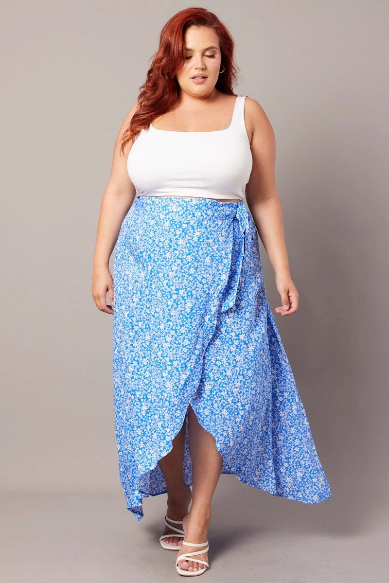 Front Slit Winter Layering Blue Ditsy Wrapover Maxi Skirt
