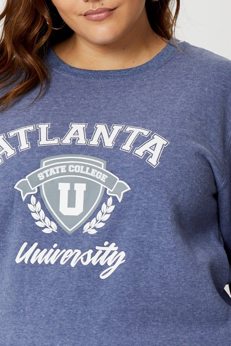 Anti Pilling Blue Fleece Sweatshirt Atlanta Embroidered Long Sleeve