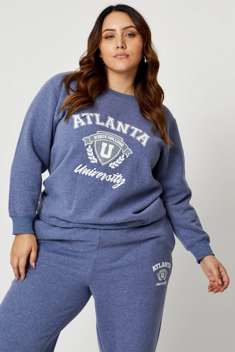 Dark Shade Versatile Piece Blue Fleece Sweatshirt Atlanta Embroidered Long Sleeve