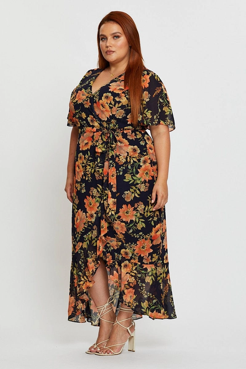 Easy and Effortless Elegant Comfort Blue Floral Print Midi Dress V-neck Short Sleeve
