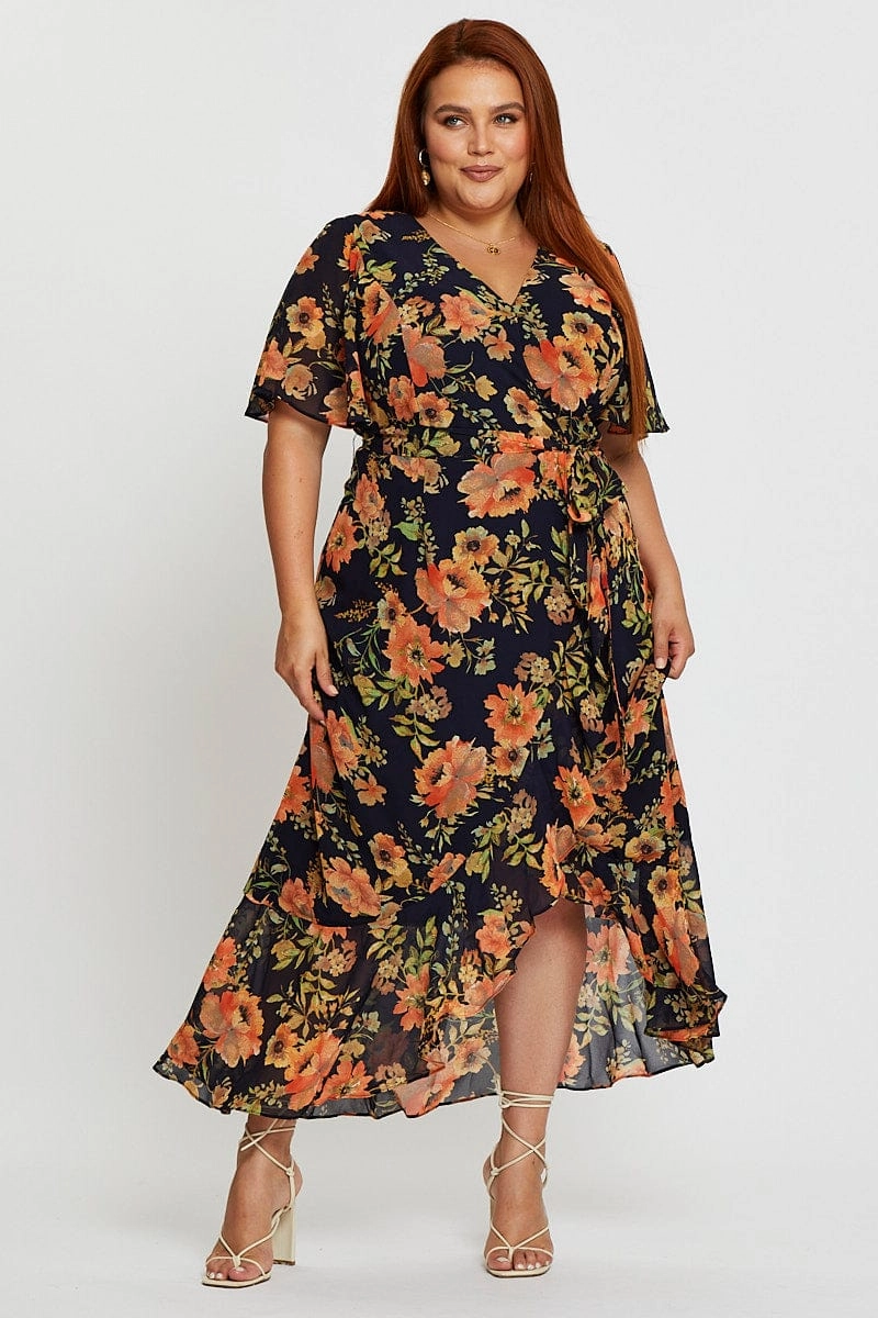 Pure Stitch Flattering Silhouette Wear Blue Floral Print Midi Dress V-neck Short Sleeve