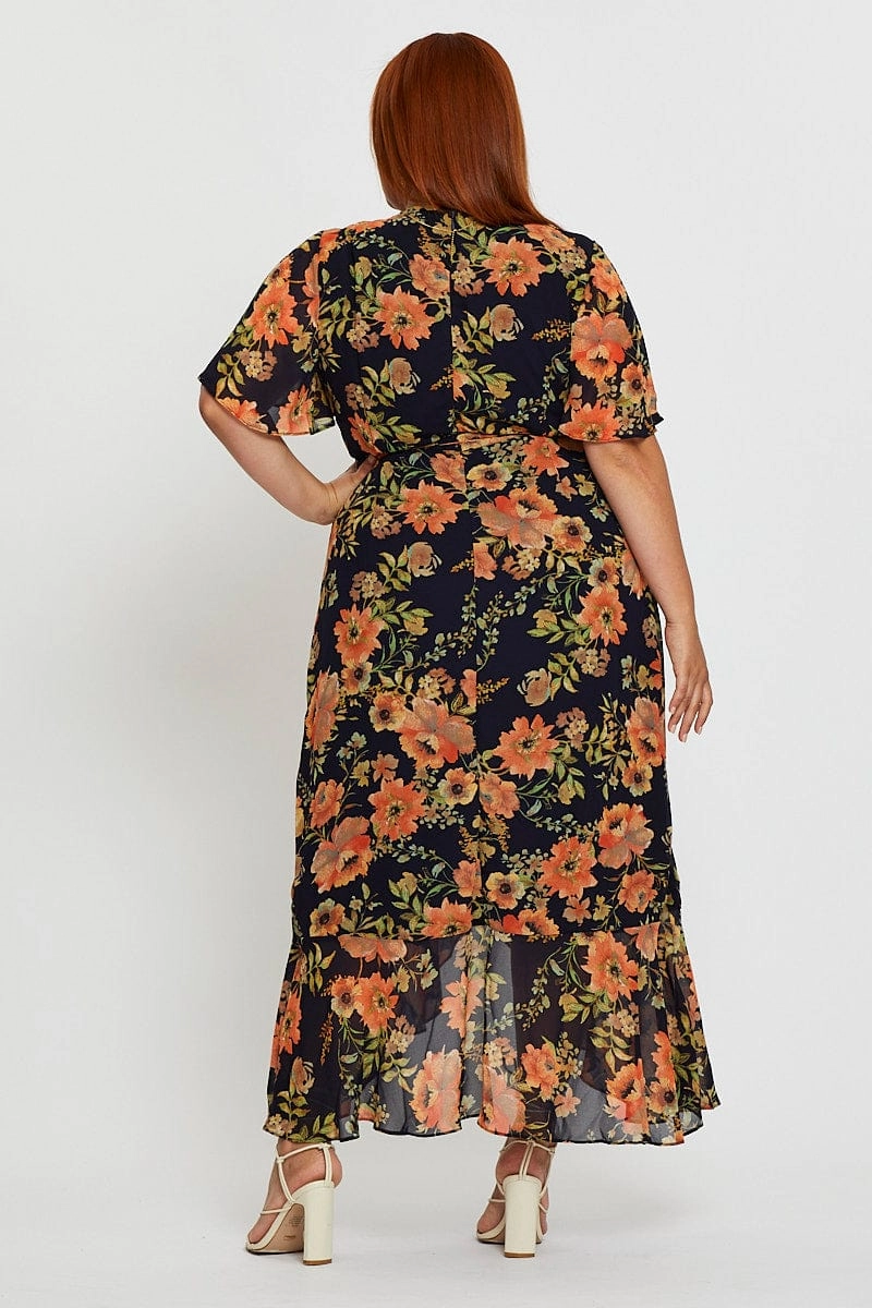 Blue Floral Print Midi Dress V-neck Short Sleeve Sage Glow Cozy Mood