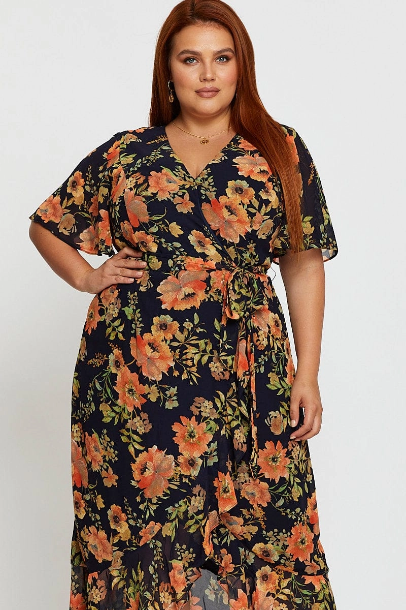 Blue Floral Print Midi Dress V-neck Short Sleeve Maximalist-Trend