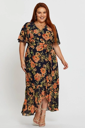 NonSlipClosure Perfect for Travel Blue Floral Print Midi Dress V-neck Short Sleeve