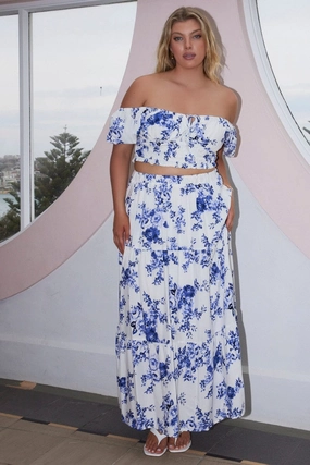 Smart Edge Blue Floral Tiered Elastic Waist Maxi Skirt