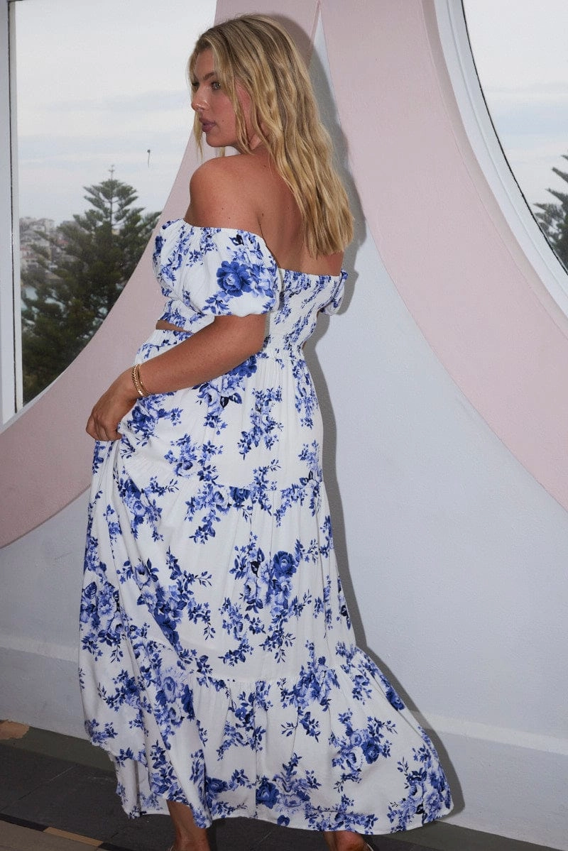Affordable Fashion Blue Floral Tiered Elastic Waist Maxi Skirt