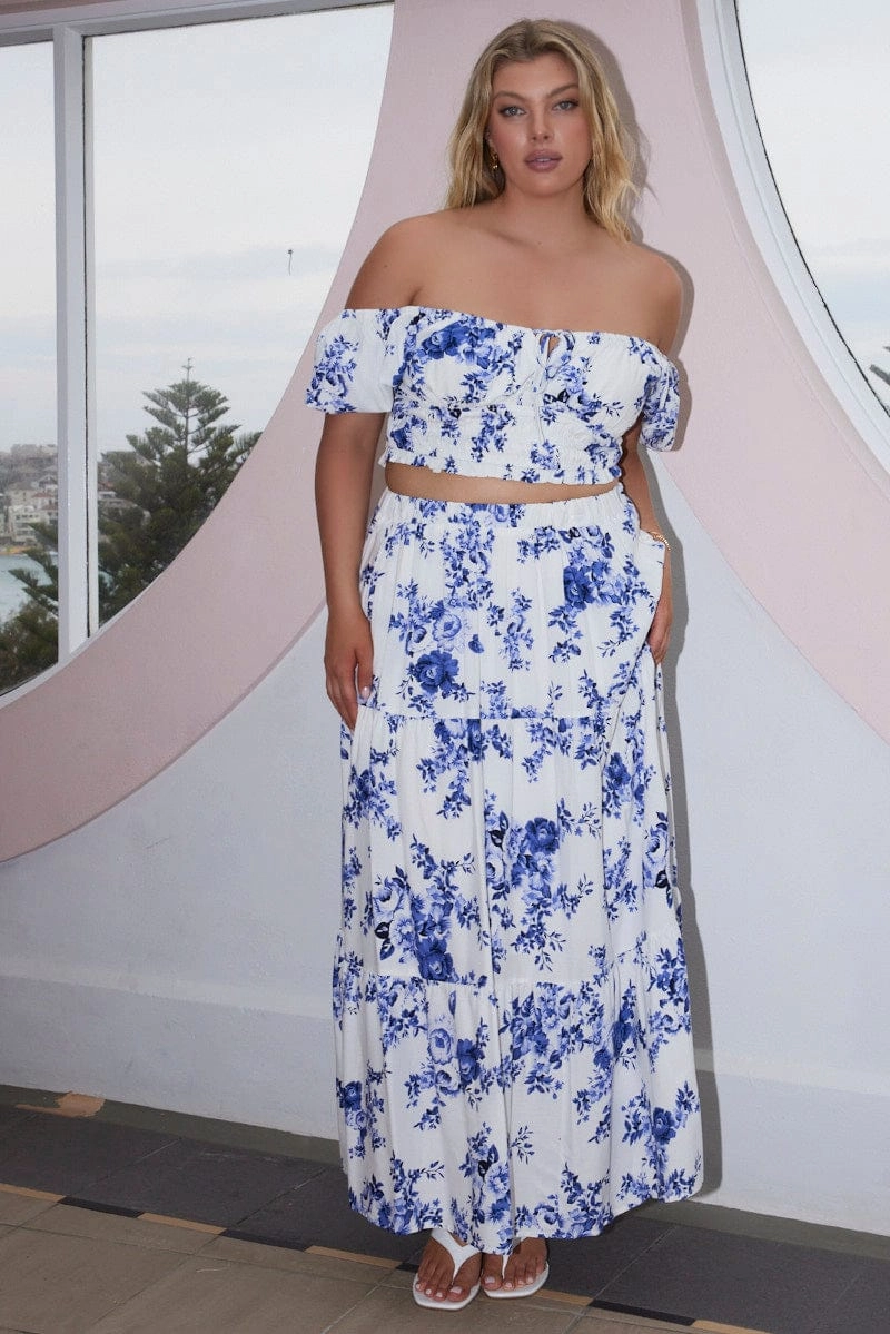 Smart Edge Blue Floral Tiered Elastic Waist Maxi Skirt