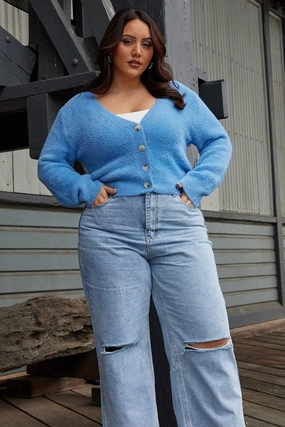 Tear Resistant Fabric Blends Blue Fluffy Knit Cardigan Long Sleeve V-neck