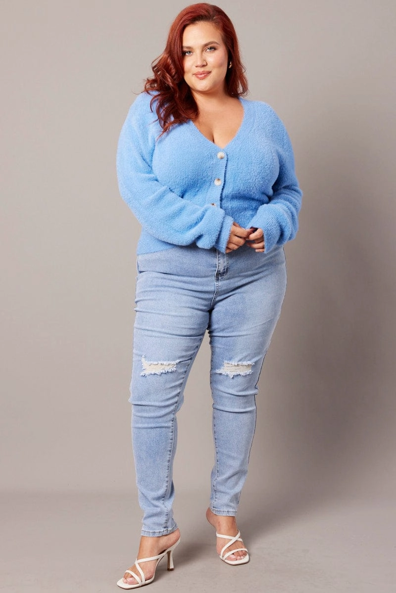 Blue Fluffy Knit Cardigan Long Sleeve V-neck Ergonomic Mobility Cut Taped Edges