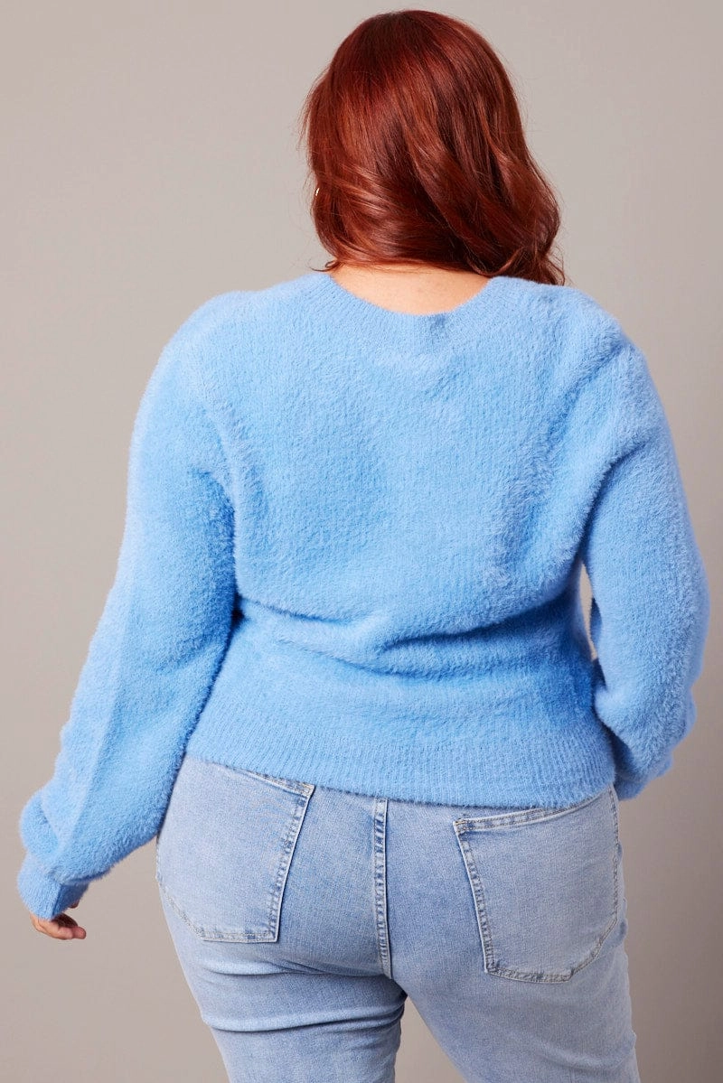 Casual Style Crisp Clean Fit Blue Fluffy Knit Cardigan Long Sleeve V-neck