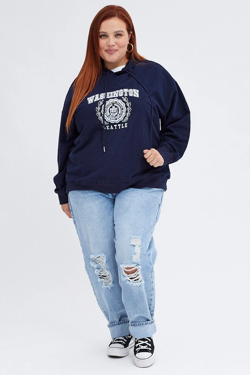 Travel Sporty Layer Relaxed Blue Graphic Sweatshirt Washington Oversized Fleece
