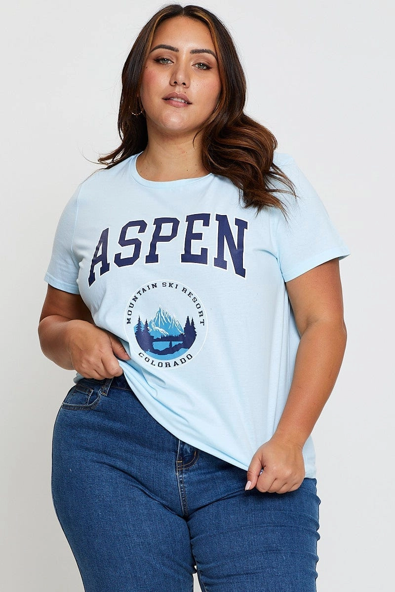 Tear Resistant Non Toxic Materials Blue Graphic T-shirt Aspen Crew Neck Short Sleeve