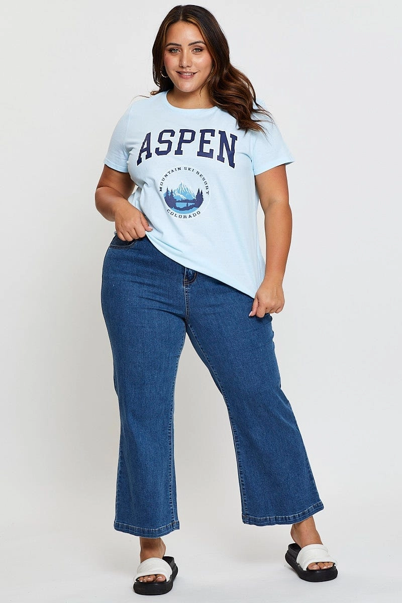 Blue Graphic T-shirt Aspen Crew Neck Short Sleeve Brushed Interior Lining AllDay Comfort