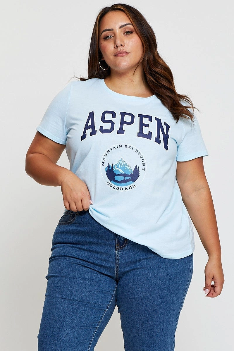 Reinforced Collar Blue Graphic T-shirt Aspen Crew Neck Short Sleeve
