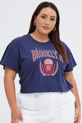 Blue Graphic T-shirt Brooklyn Shield Crop Cotton Quality Layer