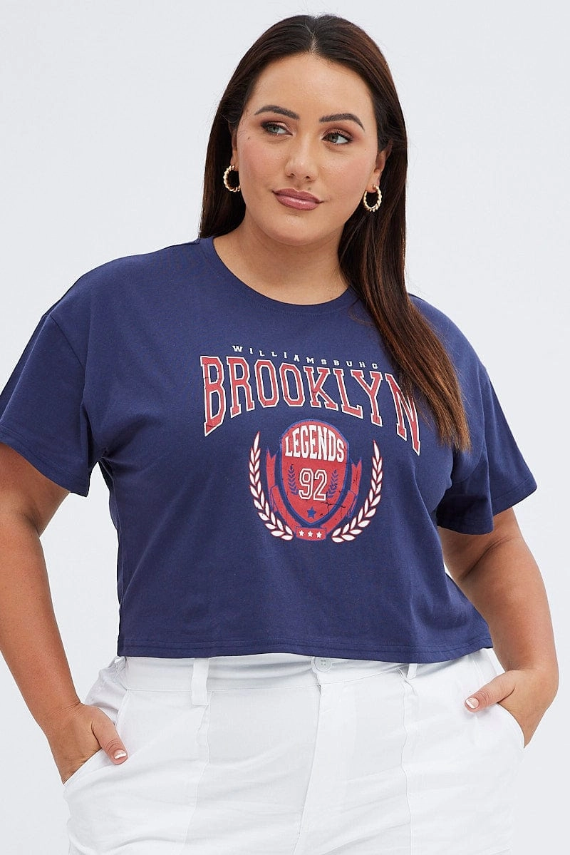 Blue Graphic T-shirt Brooklyn Shield Crop Cotton Eco Friendly Dyes
