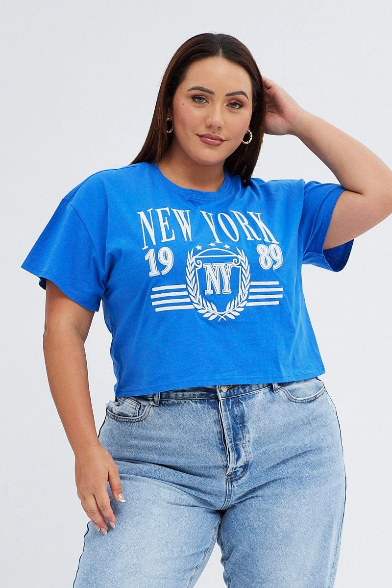Blue Graphic T-shirt New York Crop Cotton Jersey Garment Dyed