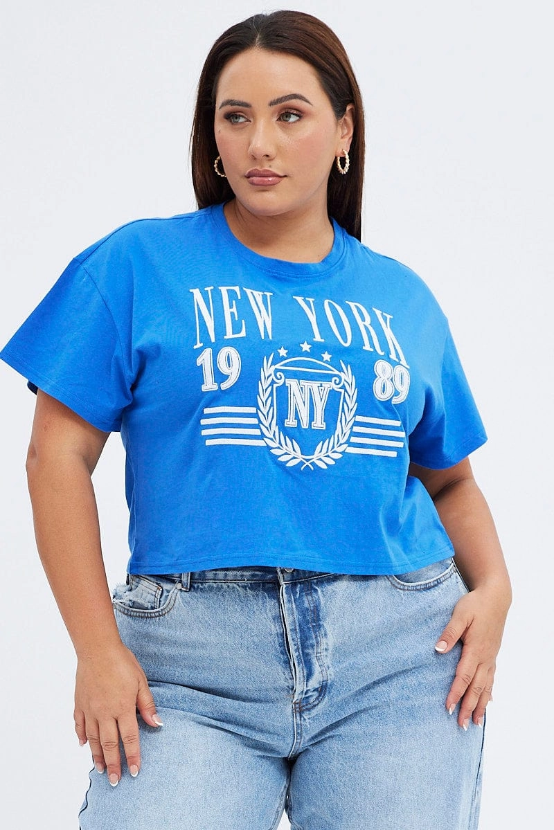 Soft Touch Texture Blue Graphic T-shirt New York Crop Cotton Jersey