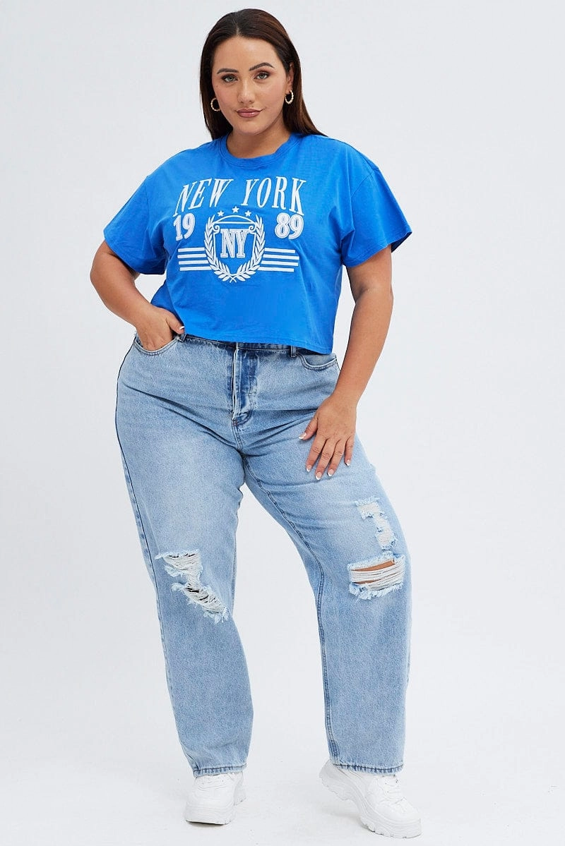 Sporty Fit Blue Graphic T-shirt New York Crop Cotton Jersey