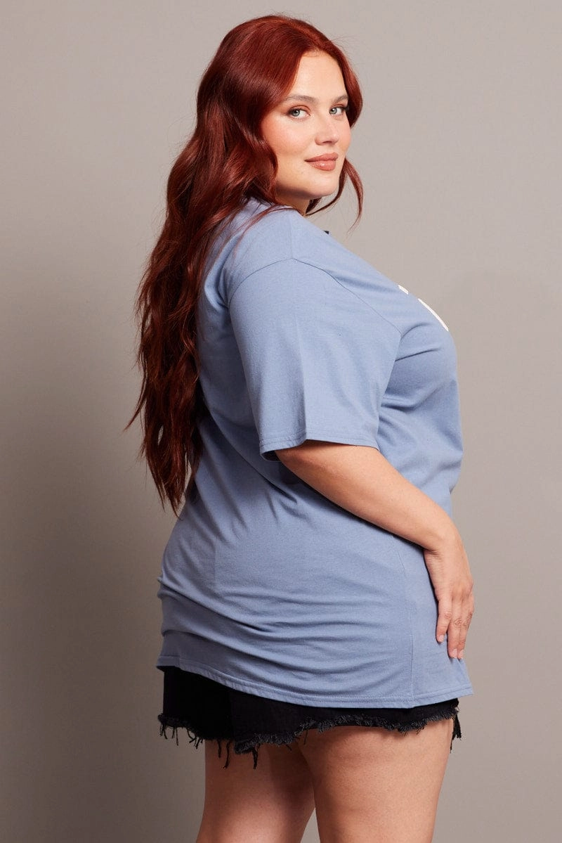 Trendy popularity Blue Graphic T-shirt Short Sleeve Crew Neck