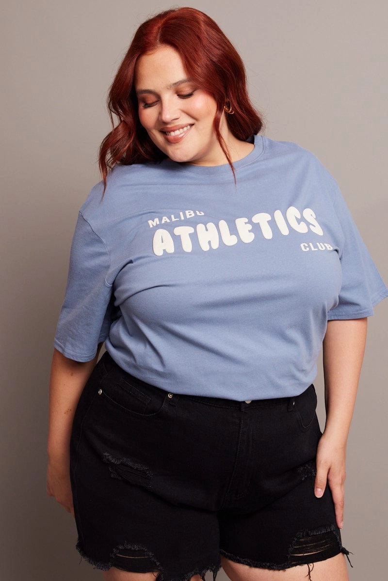 Summer Style Blue Graphic T-shirt Short Sleeve Crew Neck