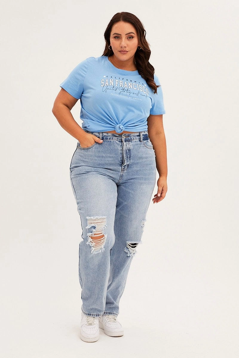 Chafe Free Armhole MultipurposeUse Blue Graphic T-shirt Short Sleeve Crew Neck