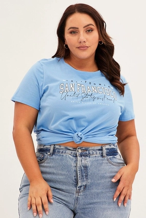Summer Style Athletic Fit Blue Graphic T-shirt Short Sleeve Crew Neck