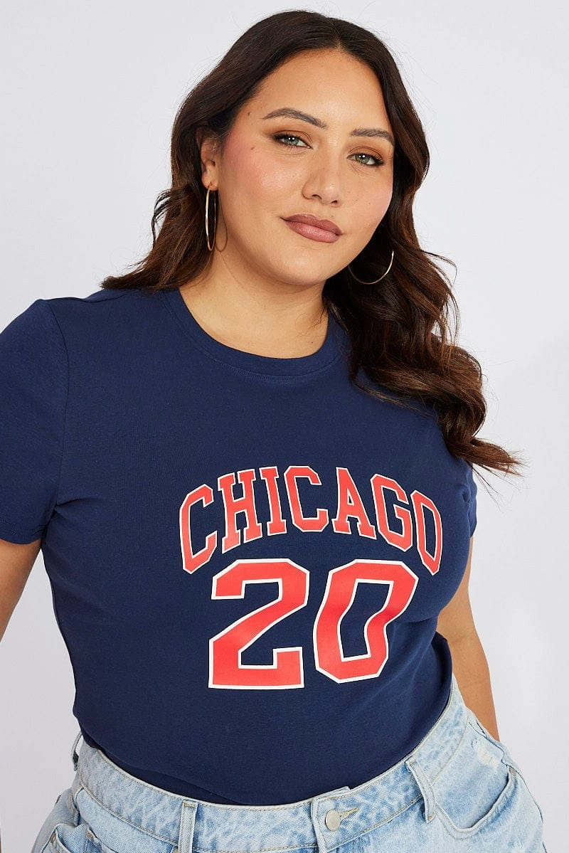 Blue Graphic T-shirt Short Sleeve Crew Neck Chic Look