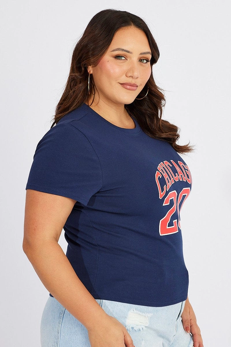 Modern Twist Blue Graphic T-shirt Short Sleeve Crew Neck