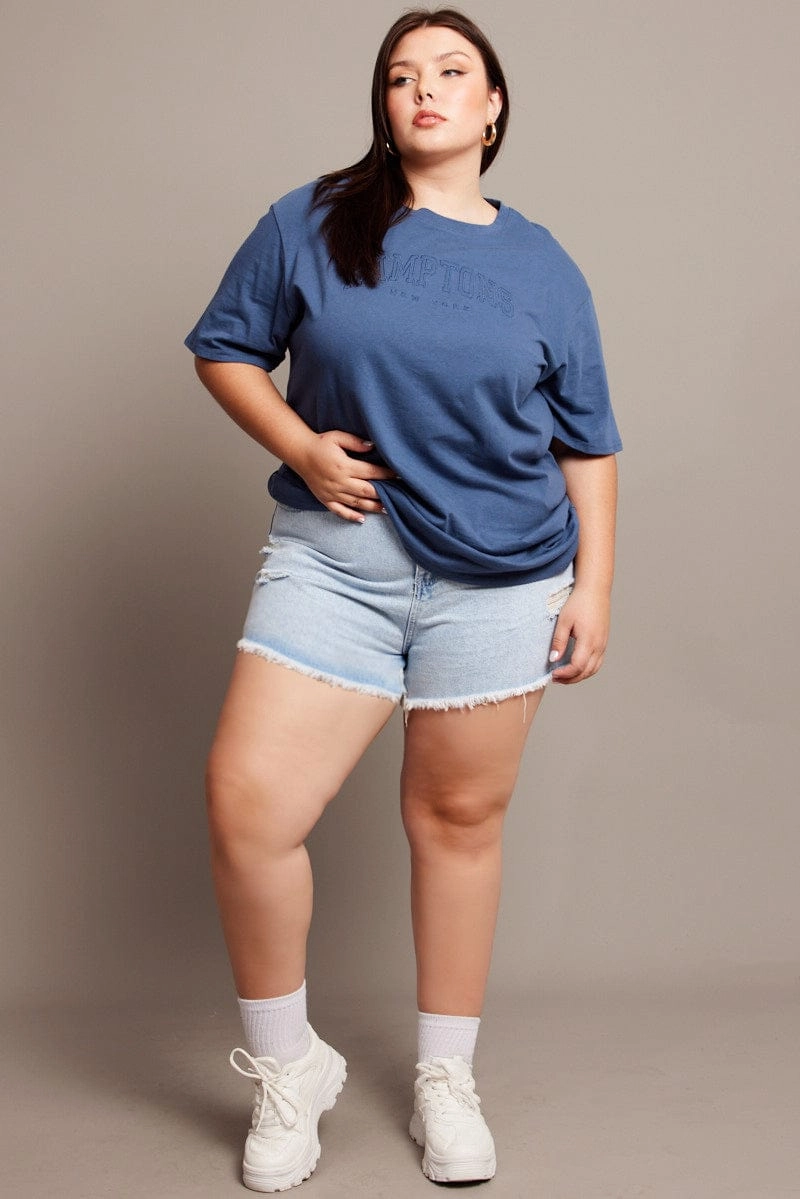 Blue Graphic T-shirt Short Sleeve Crew Neck Fresh Look right size