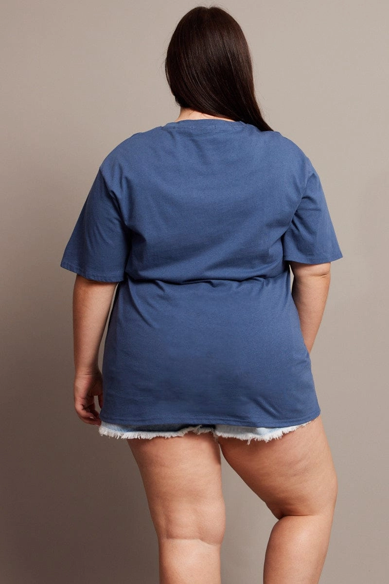 Blue Graphic T-shirt Short Sleeve Crew Neck Stretchable Fabric