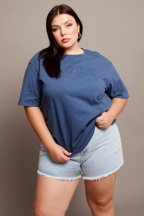 Blue Graphic T-shirt Short Sleeve Crew Neck Reinforced Shoulder Stitching