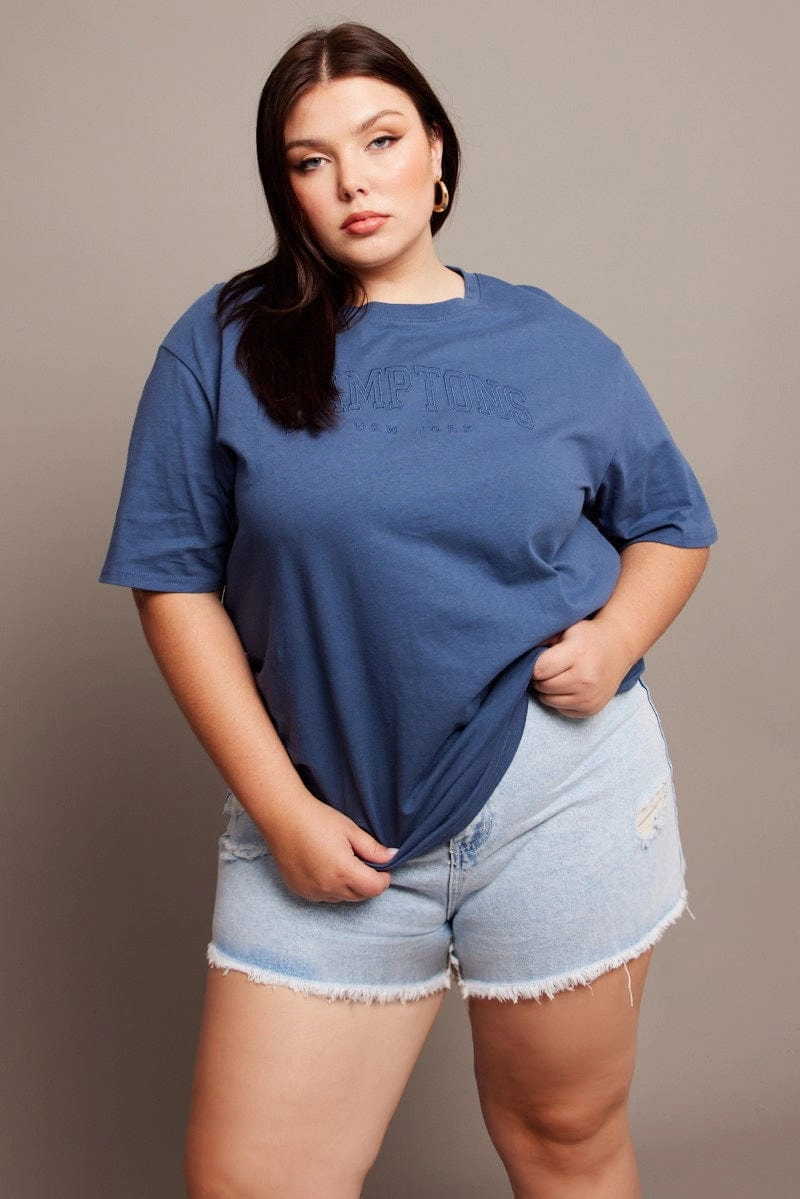 Blue Graphic T-shirt Short Sleeve Crew Neck Reinforced Shoulder Stitching