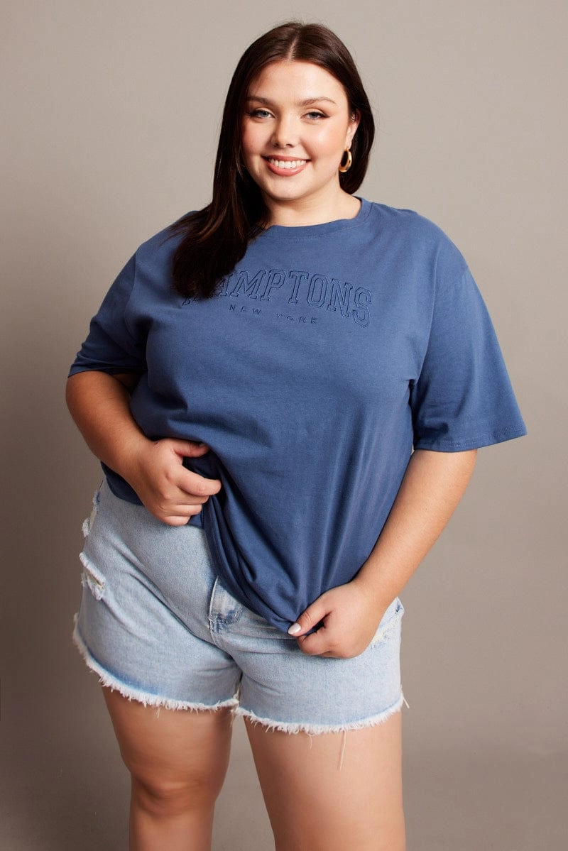 Comfy Layer Wear Blue Graphic T-shirt Short Sleeve Crew Neck